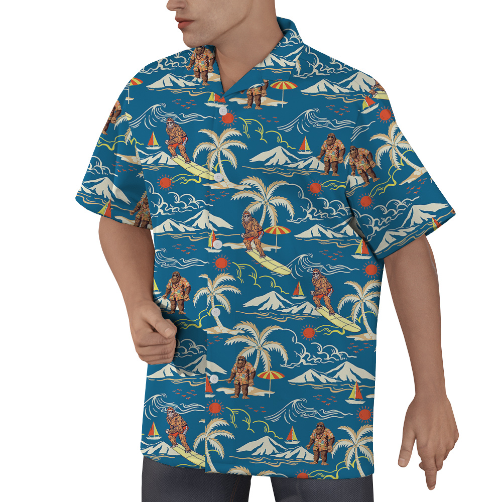 Vintage Bigfoot Surfing Tropical Islands Blue Hawaiian Shirt