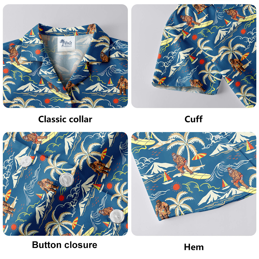 Vintage Bigfoot Surfing Tropical Islands Blue Hawaiian Shirt