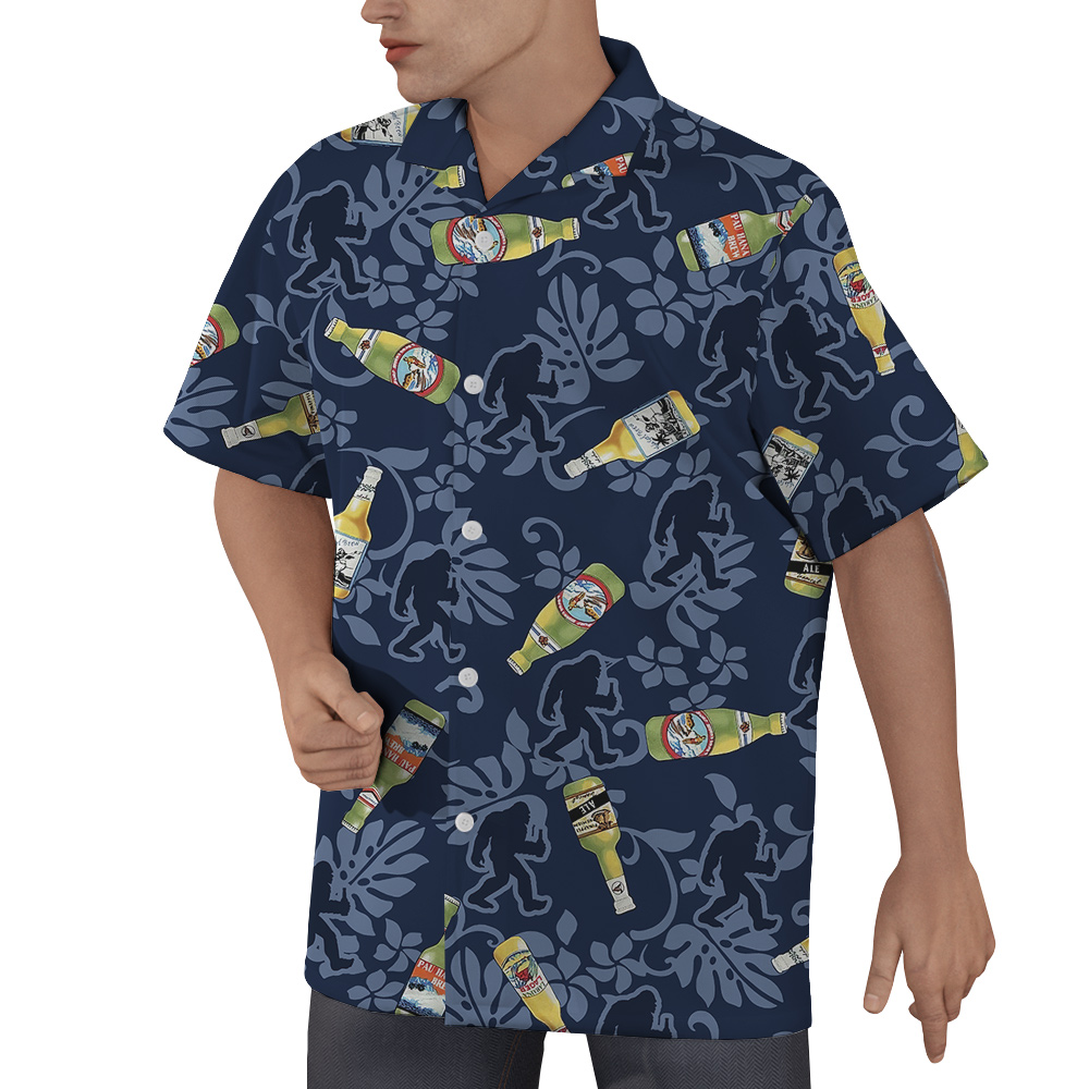 Funny Bigfoot With Beer Vintage Navy Aloha Shirt