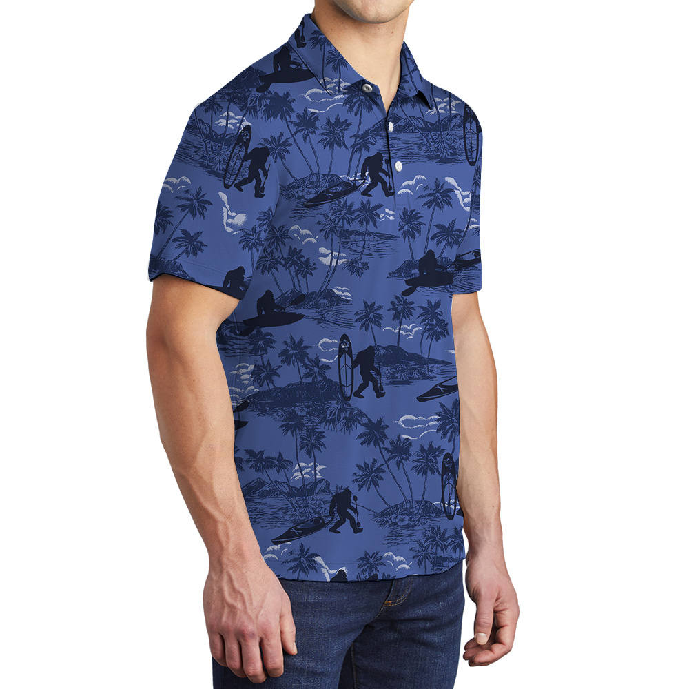 Cool Sasquatch Kayaking Tropical Palm Trees Navy Hawaiian Polo Shirt