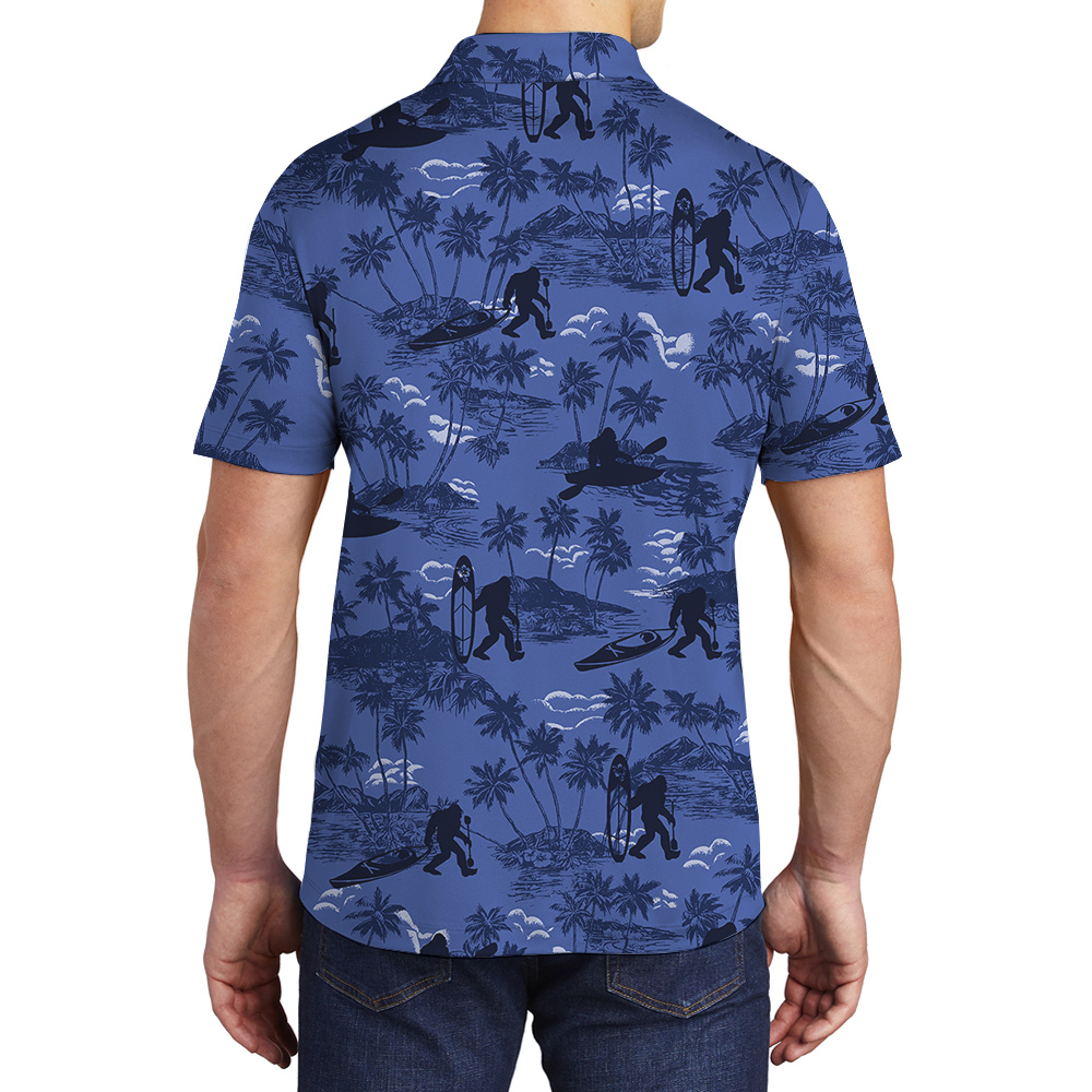 Cool Sasquatch Kayaking Tropical Palm Trees Navy Hawaiian Polo Shirt