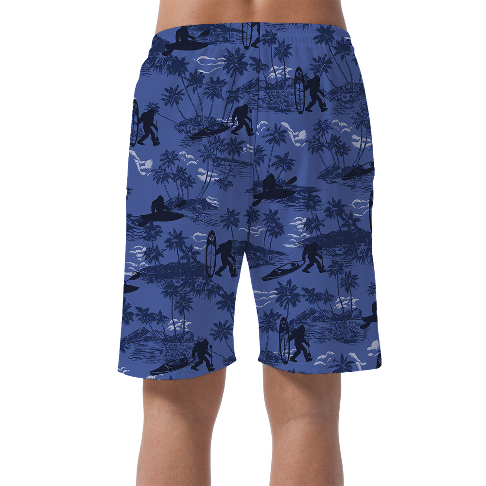 Funny Bigfoot Kayaking Palm Tree Vintage Blue Hawaiian Beach Shorts For Men