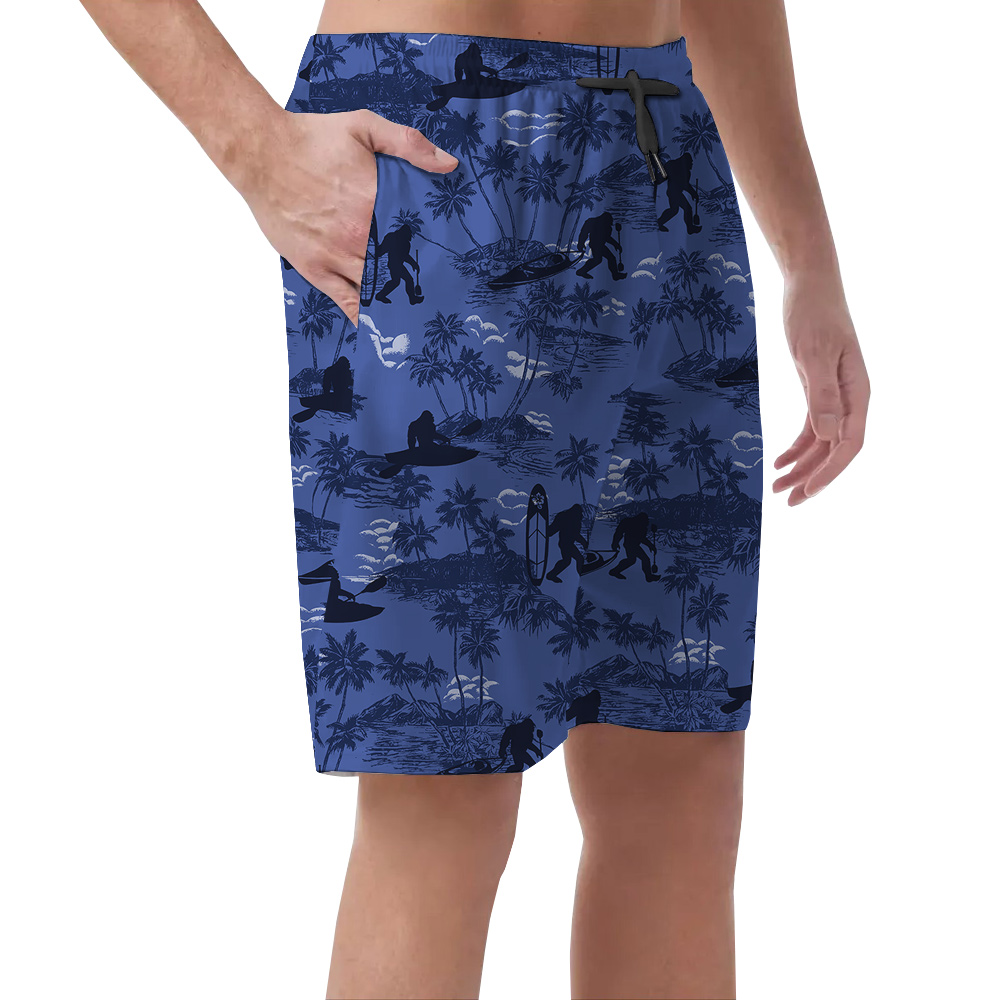 Funny Bigfoot Kayaking Palm Tree Vintage Blue Hawaiian Beach Shorts For Men