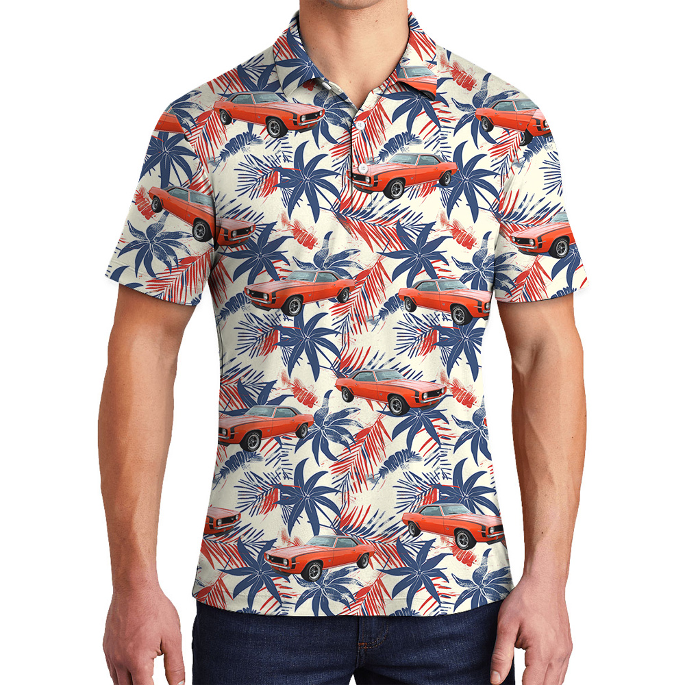 4th of July Custom Hawaiian Men Polo Shirt with Car - variant image 1