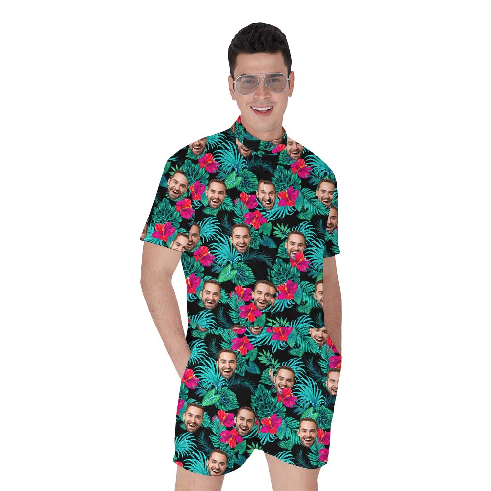 Personalized Face Print Hibiscus Aloha Men's Romper - variant image 1