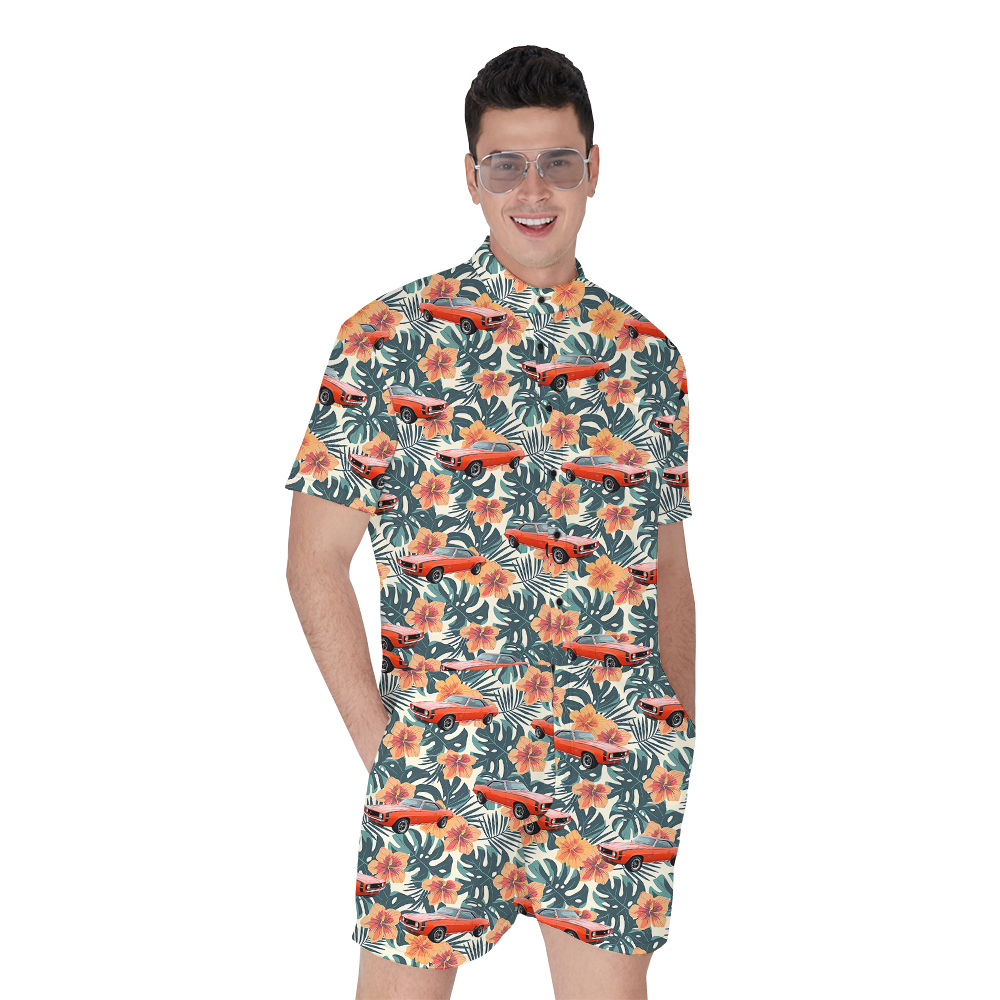 Glossy Green Hibiscus Custom Hawaiian Men Romper with Car - variant image 1