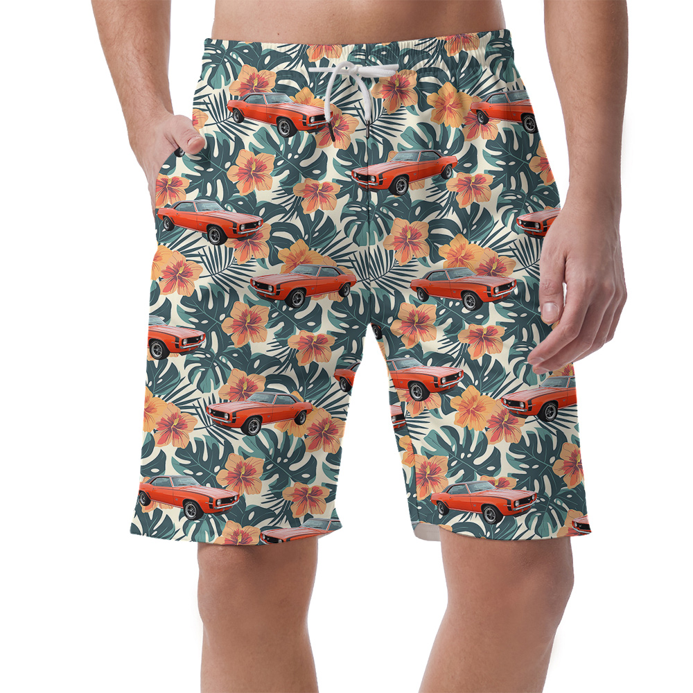 Glossy Green Hibiscus Custom Hawaiian Men Short with Car - variant image 1