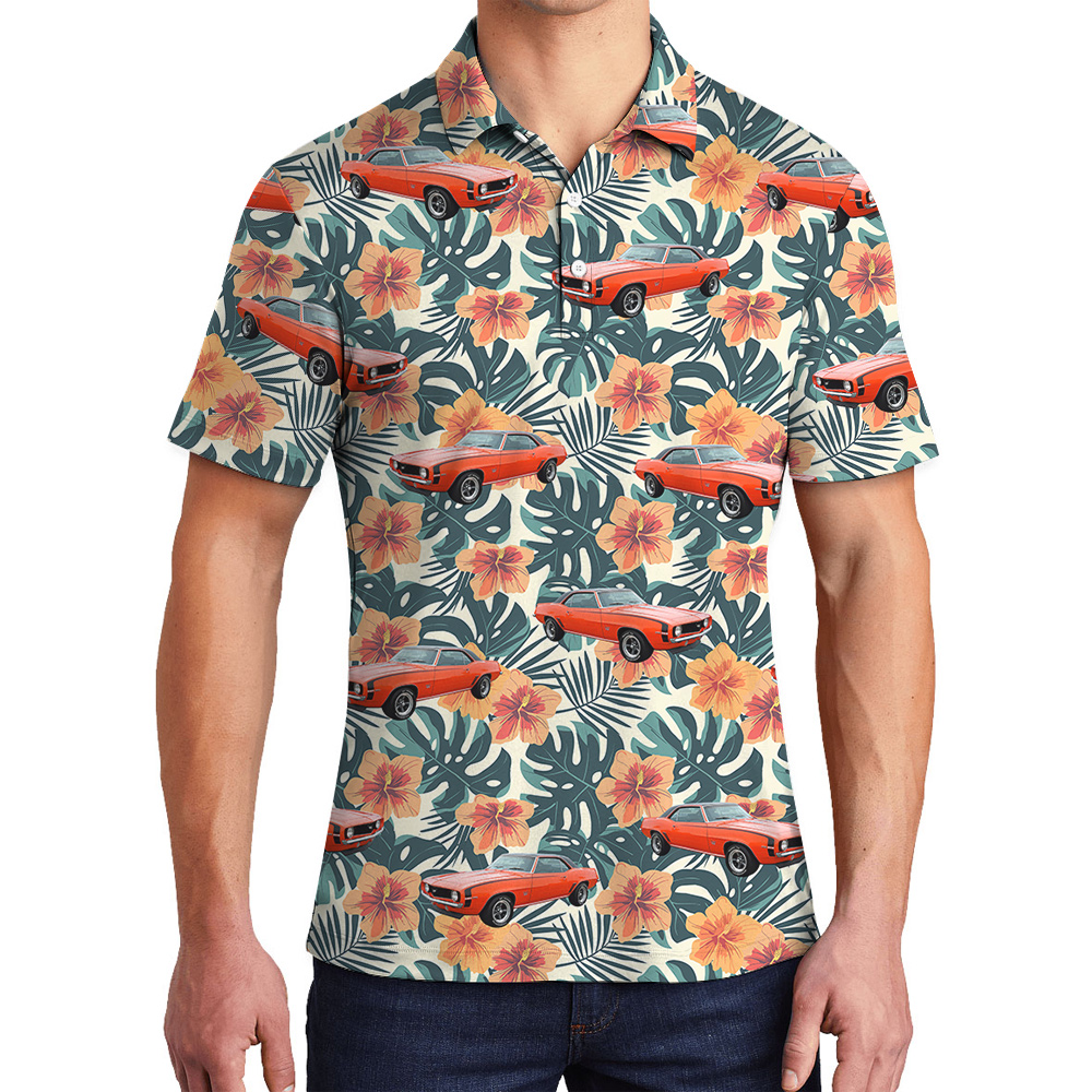 Spring Green Hibiscus Custom Hawaiian Men Polo Shirt with Car - variant image 1