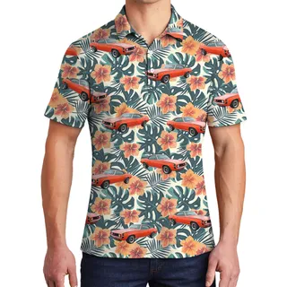 Spring Green Hibiscus Custom Hawaiian Men Polo Shirt with Car