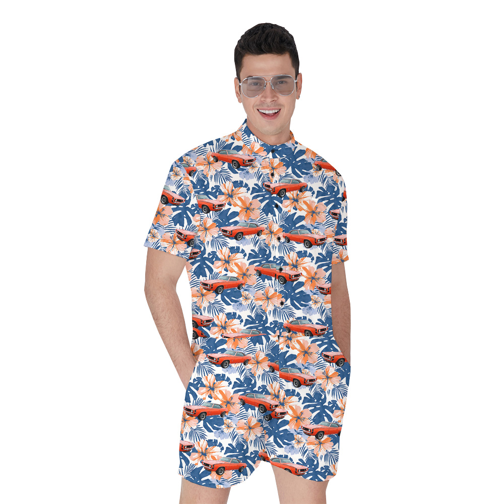 Hibiscus Custom Blue Hawaiian Men Romper with Car - variant image 1