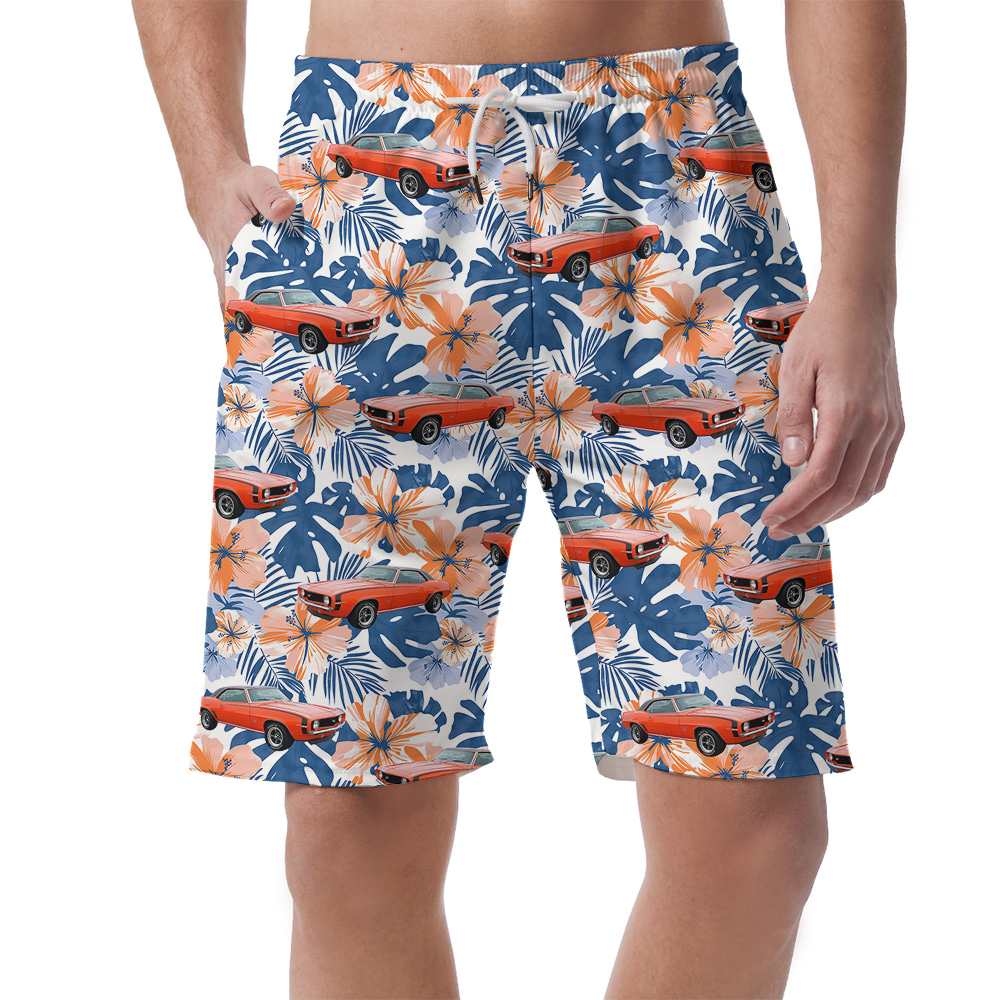 Hibiscus Custom Blue Hawaiian Men Short with Car - variant image 1