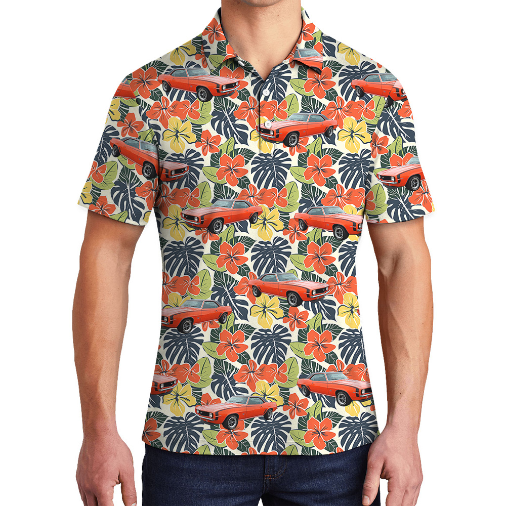 Hibiscus Forest Custom Hawaiian Men Polo Shirt with Car - variant image 1