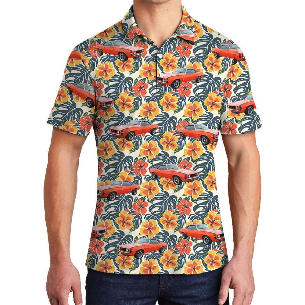 Colorful Hibiscus Custom Hawaiian Men Polo Shirt with Car - variant image 1