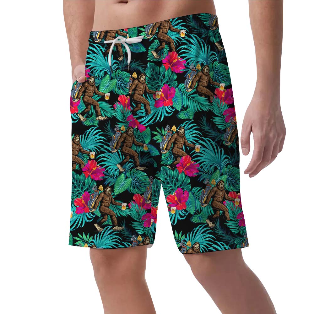 Tropical Golf-Themed Bigfoot Men's Beach Shorts