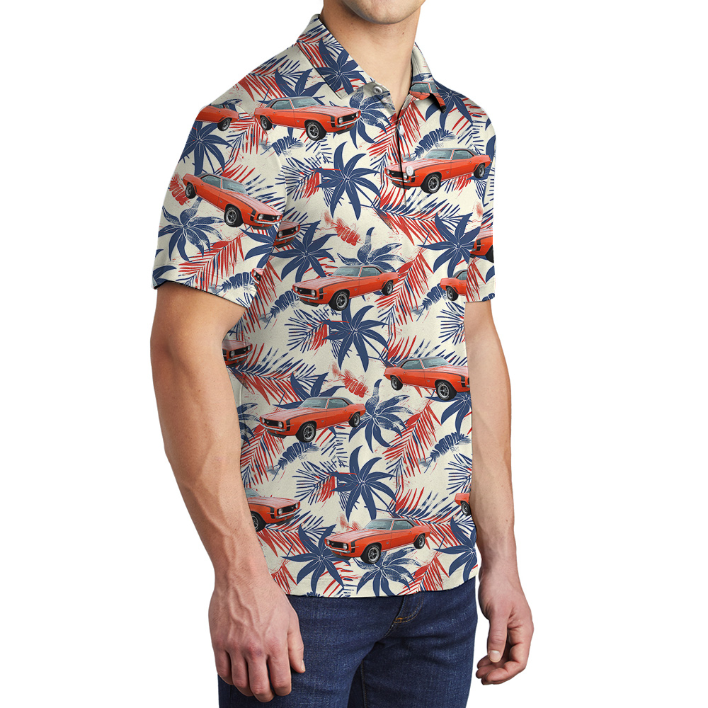 4th of July Custom Hawaiian Men Polo Shirt with Car