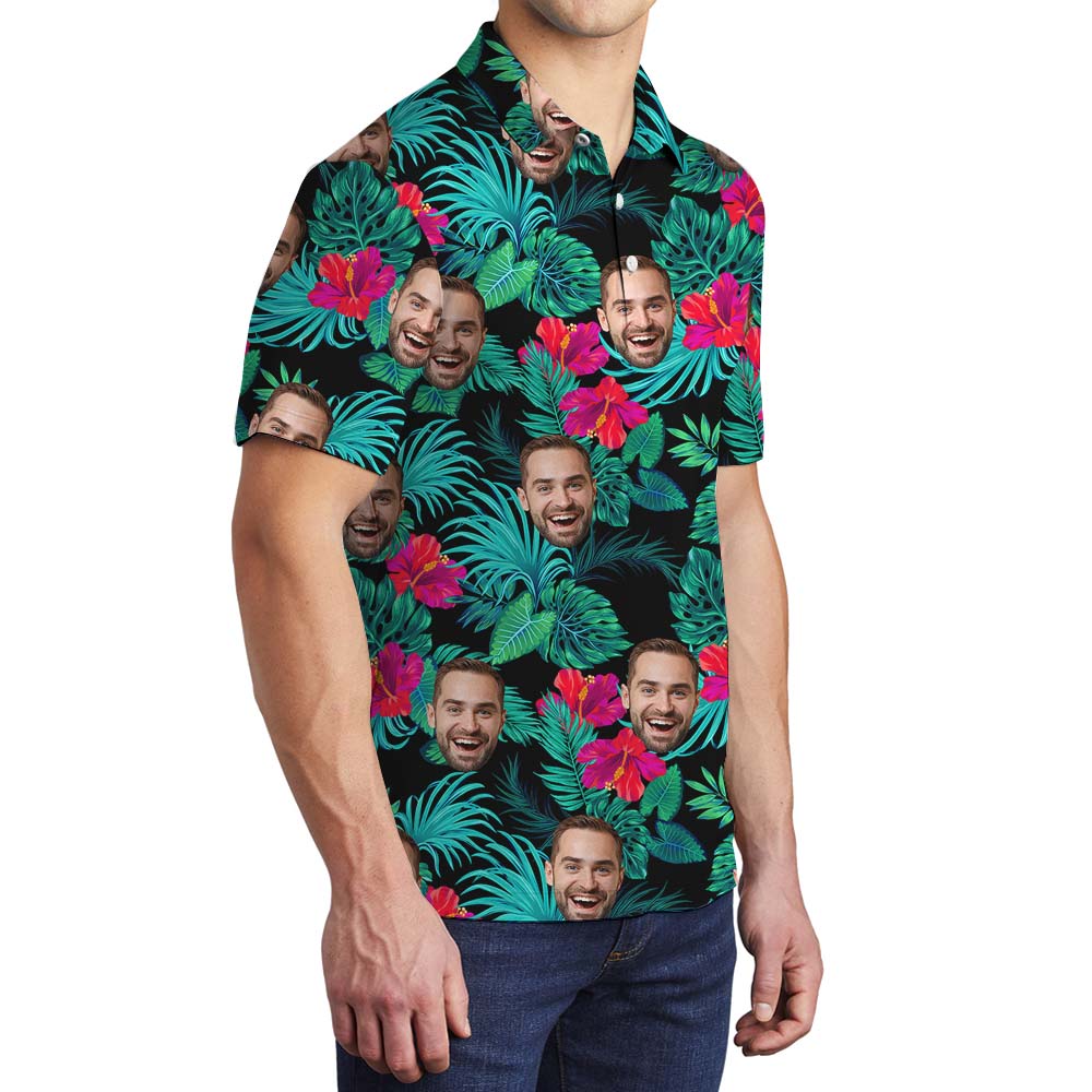 Personalized Face And Hibiscus Aloha Men's Polo Shirt