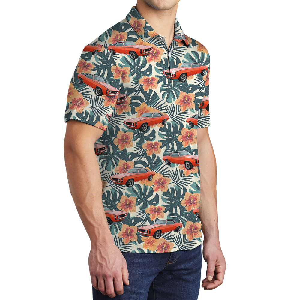 Spring Green Hibiscus Custom Hawaiian Men Polo Shirt with Car
