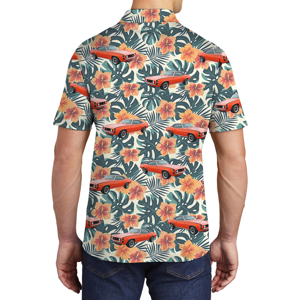 Spring Green Hibiscus Custom Hawaiian Men Polo Shirt with Car