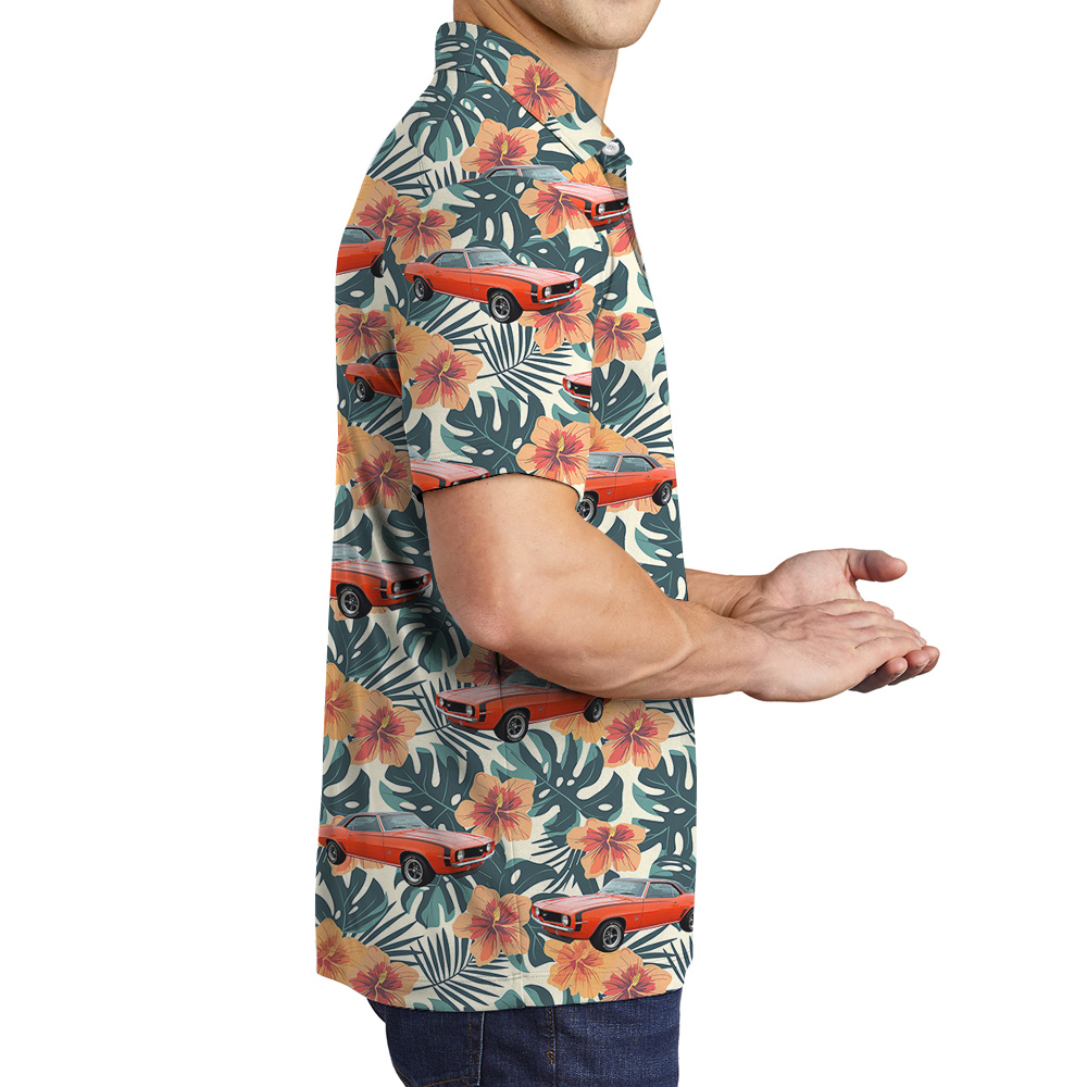 Spring Green Hibiscus Custom Hawaiian Men Polo Shirt with Car