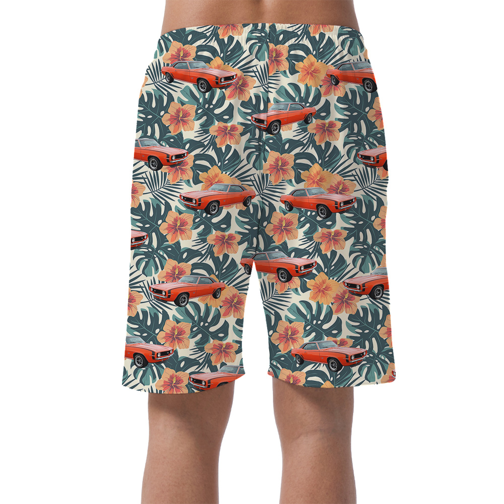 Glossy Green Hibiscus Custom Hawaiian Men Short with Car