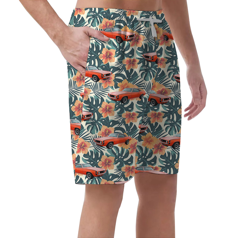 Glossy Green Hibiscus Custom Hawaiian Men Short with Car
