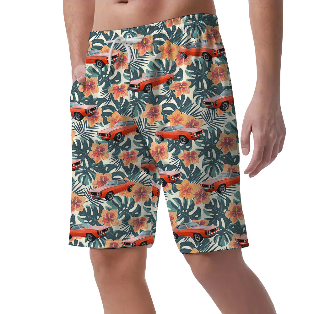 Glossy Green Hibiscus Custom Hawaiian Men Short with Car