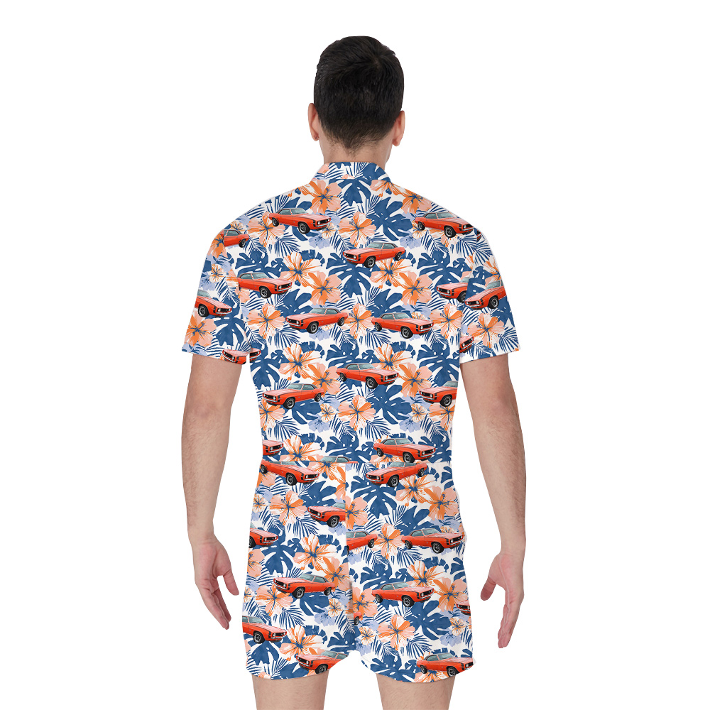 Hibiscus Custom Blue Hawaiian Men Romper with Car