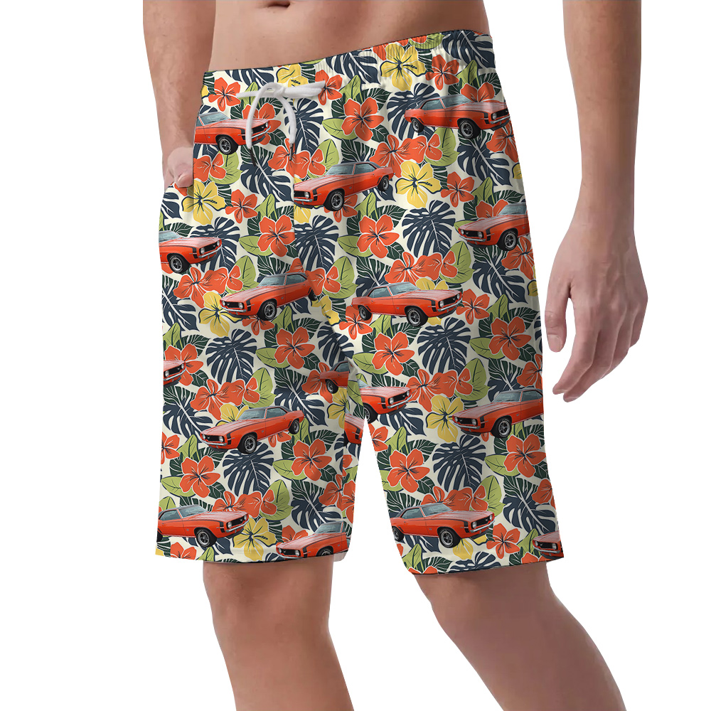 Lush Hibiscus Custom Hawaiian Men Short with Car