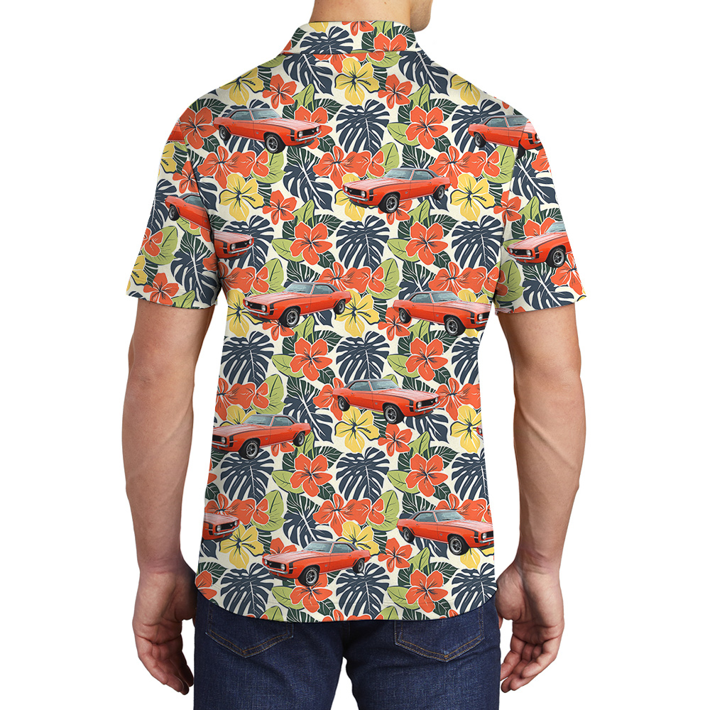 Hibiscus Forest Custom Hawaiian Men Polo Shirt with Car
