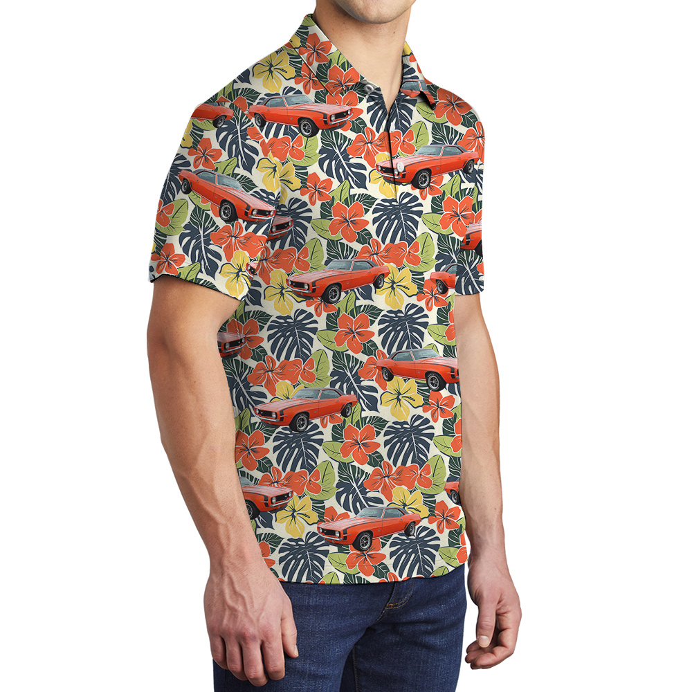 Hibiscus Forest Custom Hawaiian Men Polo Shirt with Car