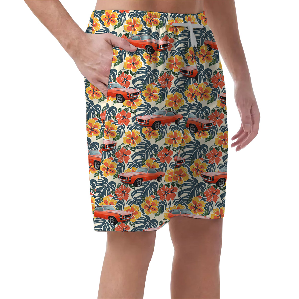 Tropical Hibiscus Custom Hawaiian Men Short with Car