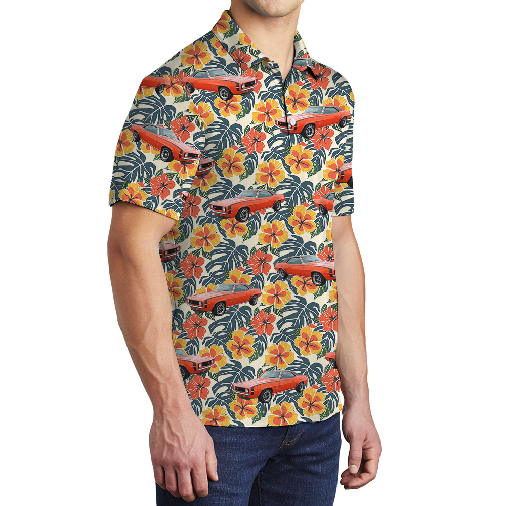 Colorful Hibiscus Custom Hawaiian Men Polo Shirt with Car
