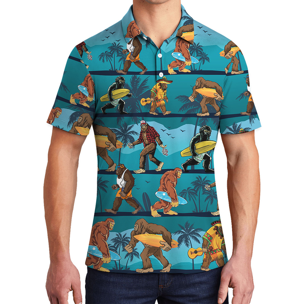 Funny Bigfoot With Surfing Board Tropical Blue Hawaiian Polo Shirt - variant image 1