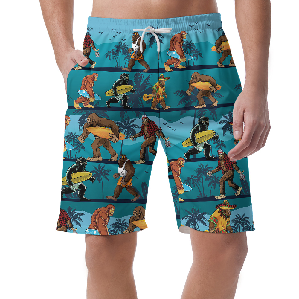 Tropical Palm Tree Bigfoot With Surfing Board Hawaiian Summer Shorts For Men - variant image 1