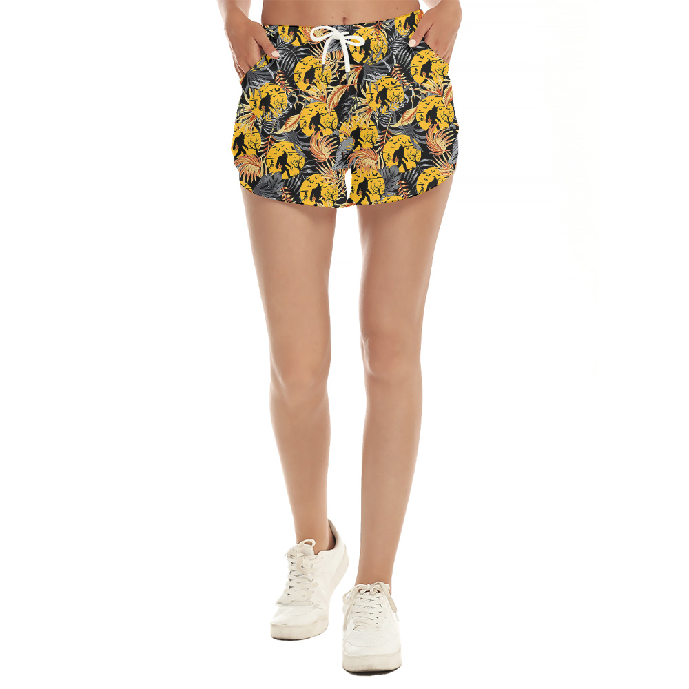 Funny Halloween Bigfoot With Pumpkin Tropical Orange Hawaiian Shorts For Women - variant image 1