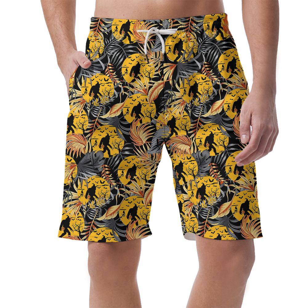 Cool Bigfoot Halloween Tropical Orange Hawaiian Beach Shorts For Men - variant image 1