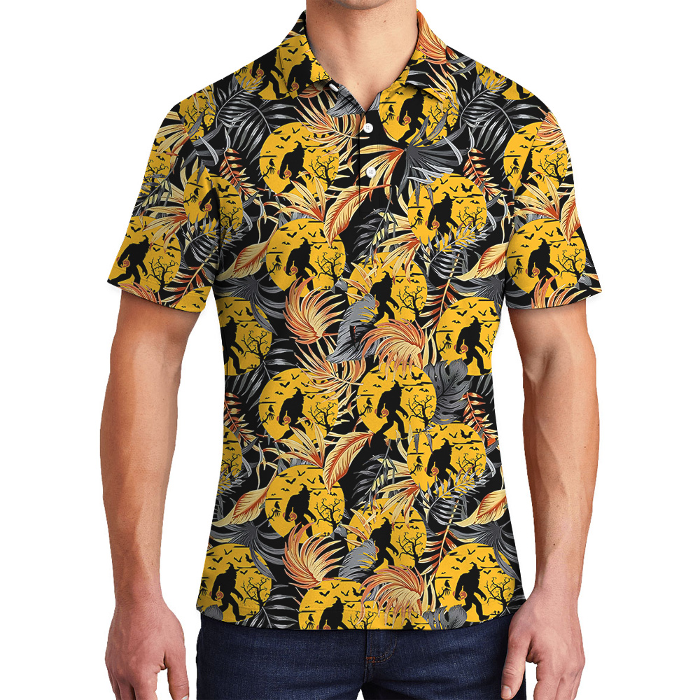 Halloween Sasquatch Orange Tropical Hawaiian Polo Golf Shirt - variant image 1