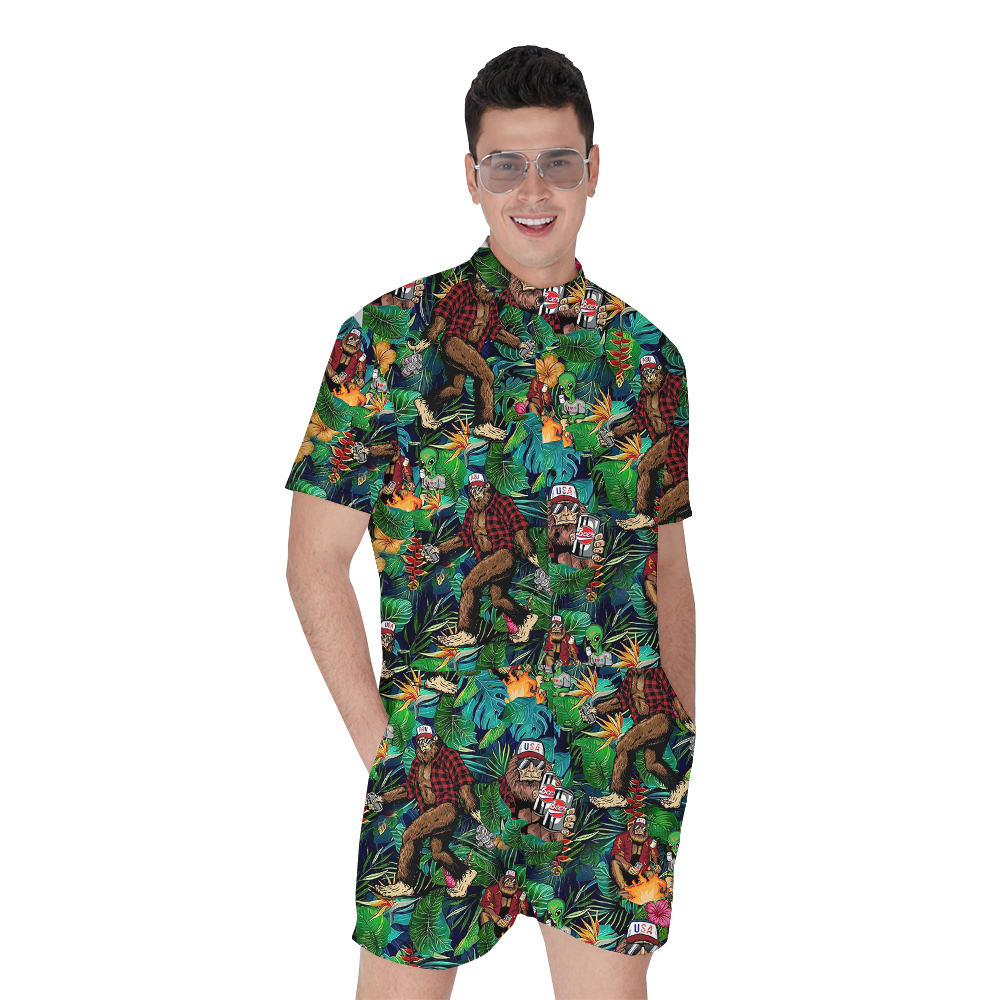 Funny Alien Bigfoot Beer Tropical Green Hawaiian Romper For Men - variant image 1