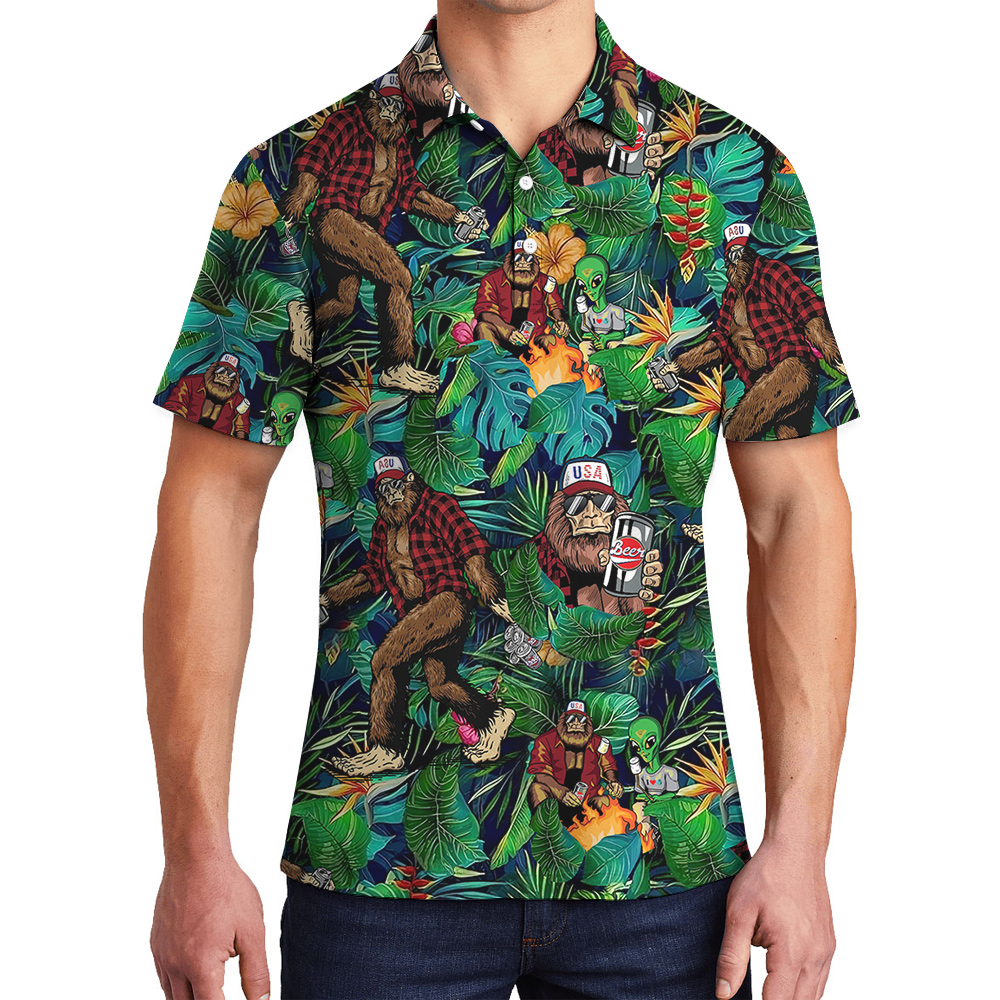 Funny Alien Bigfoot Beer Tropical Green Hawaiian Polo Golf Shirt For Men - variant image 1