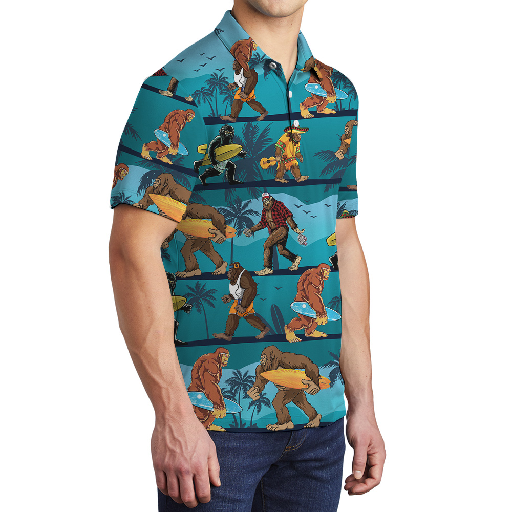 Funny Bigfoot With Surfing Board Tropical Blue Hawaiian Polo Shirt