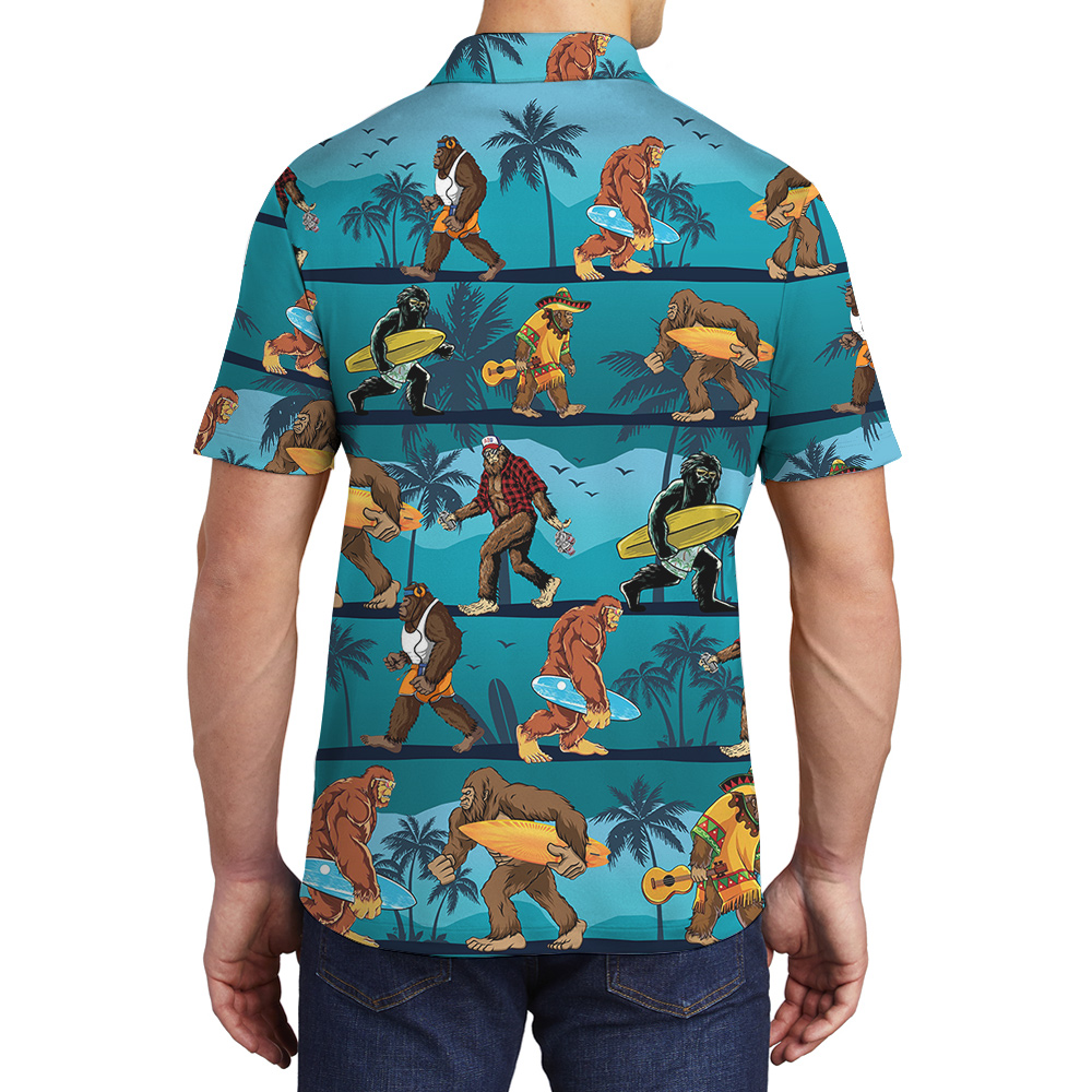 Funny Bigfoot With Surfing Board Tropical Blue Hawaiian Polo Shirt