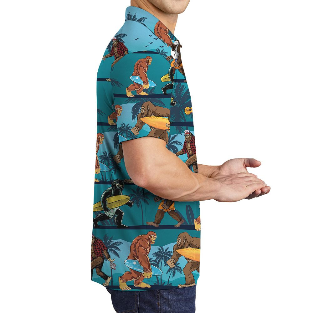Funny Bigfoot With Surfing Board Tropical Blue Hawaiian Polo Shirt