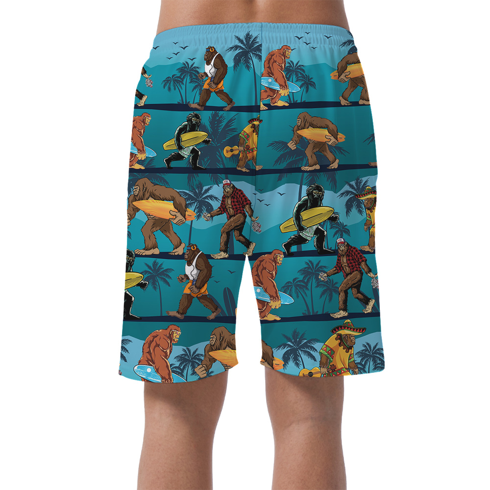Tropical Palm Tree Bigfoot With Surfing Board Hawaiian Summer Shorts For Men