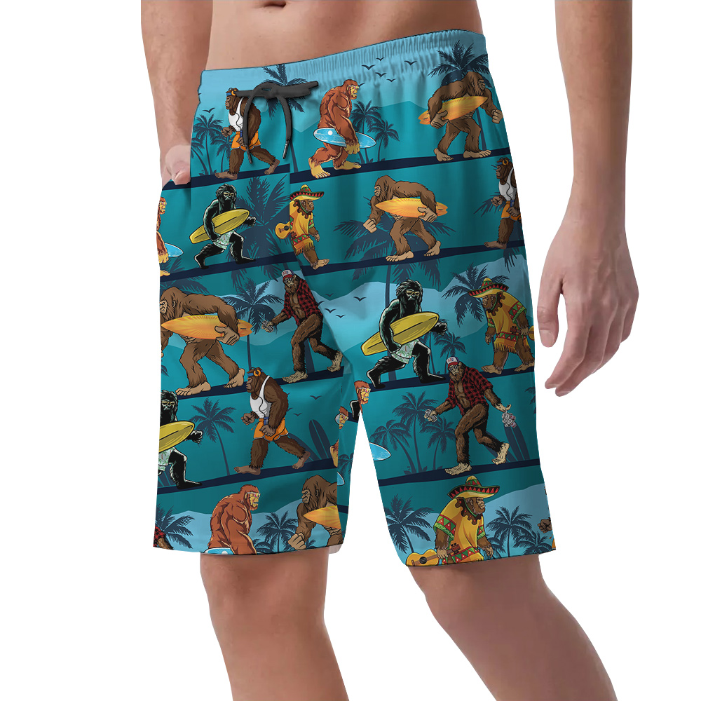 Tropical Palm Tree Bigfoot With Surfing Board Hawaiian Summer Shorts For Men