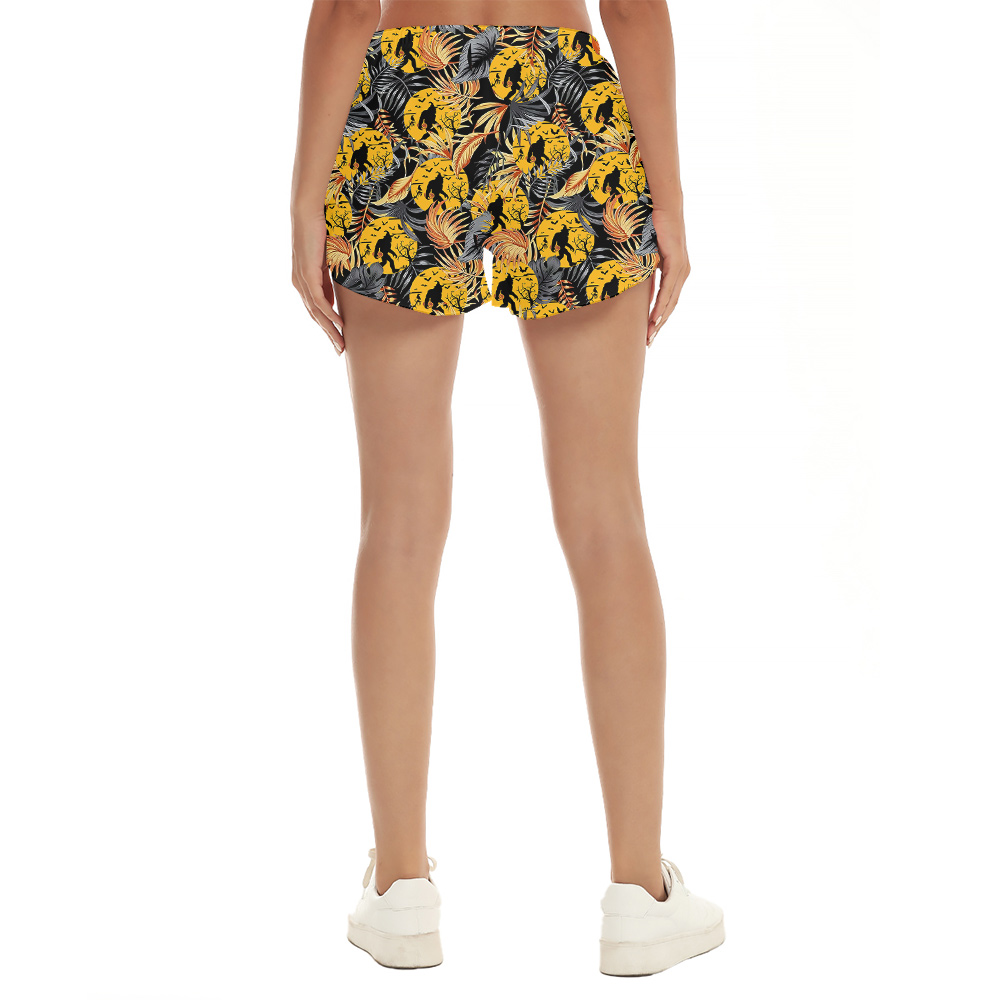 Funny Halloween Bigfoot With Pumpkin Tropical Orange Hawaiian Shorts For Women