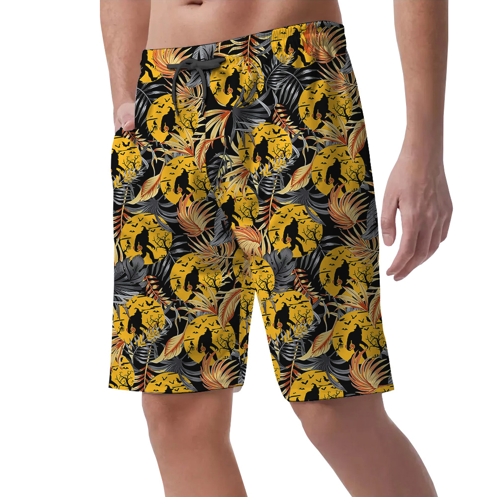 Cool Bigfoot Halloween Tropical Orange Hawaiian Beach Shorts For Men