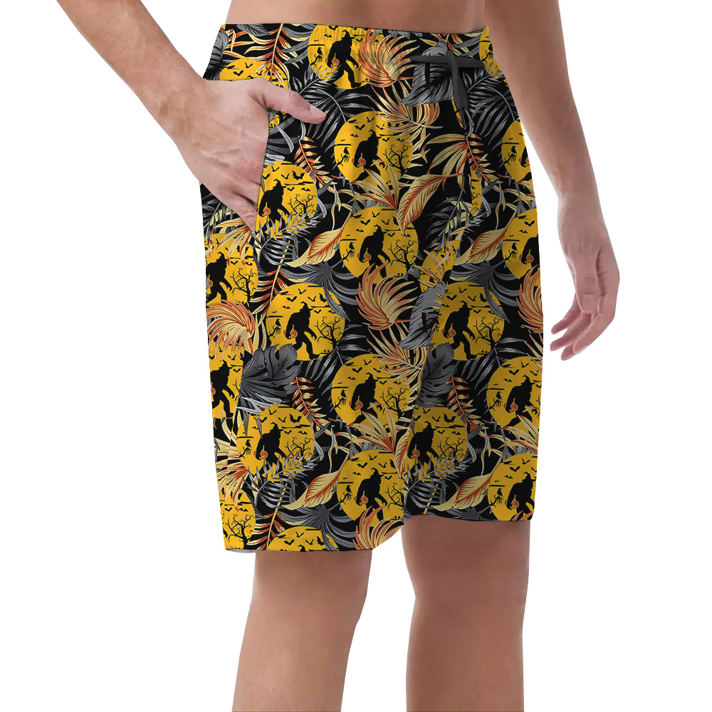 Cool Bigfoot Halloween Tropical Orange Hawaiian Beach Shorts For Men