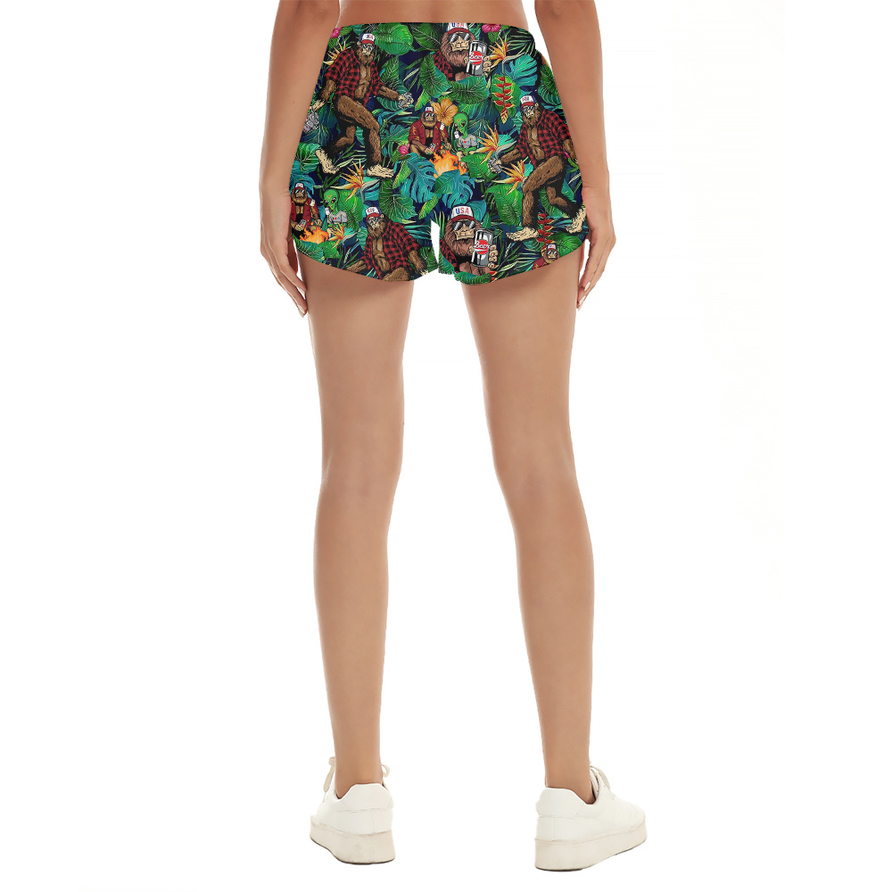 Cool Bigfoot With Beer Tropical Green Hawaiian Beach Shorts For Women