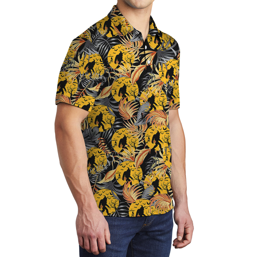 Halloween Sasquatch Orange Tropical Hawaiian Polo Golf Shirt