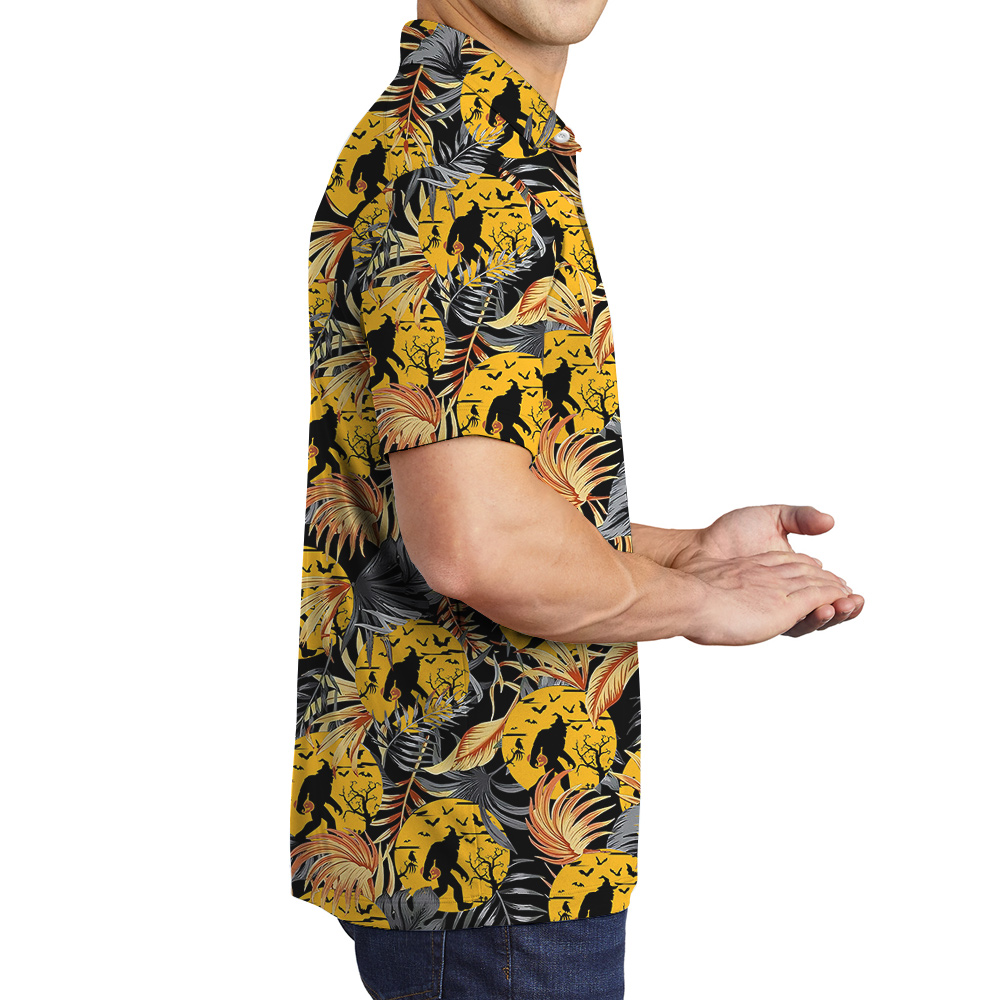 Halloween Sasquatch Orange Tropical Hawaiian Polo Golf Shirt